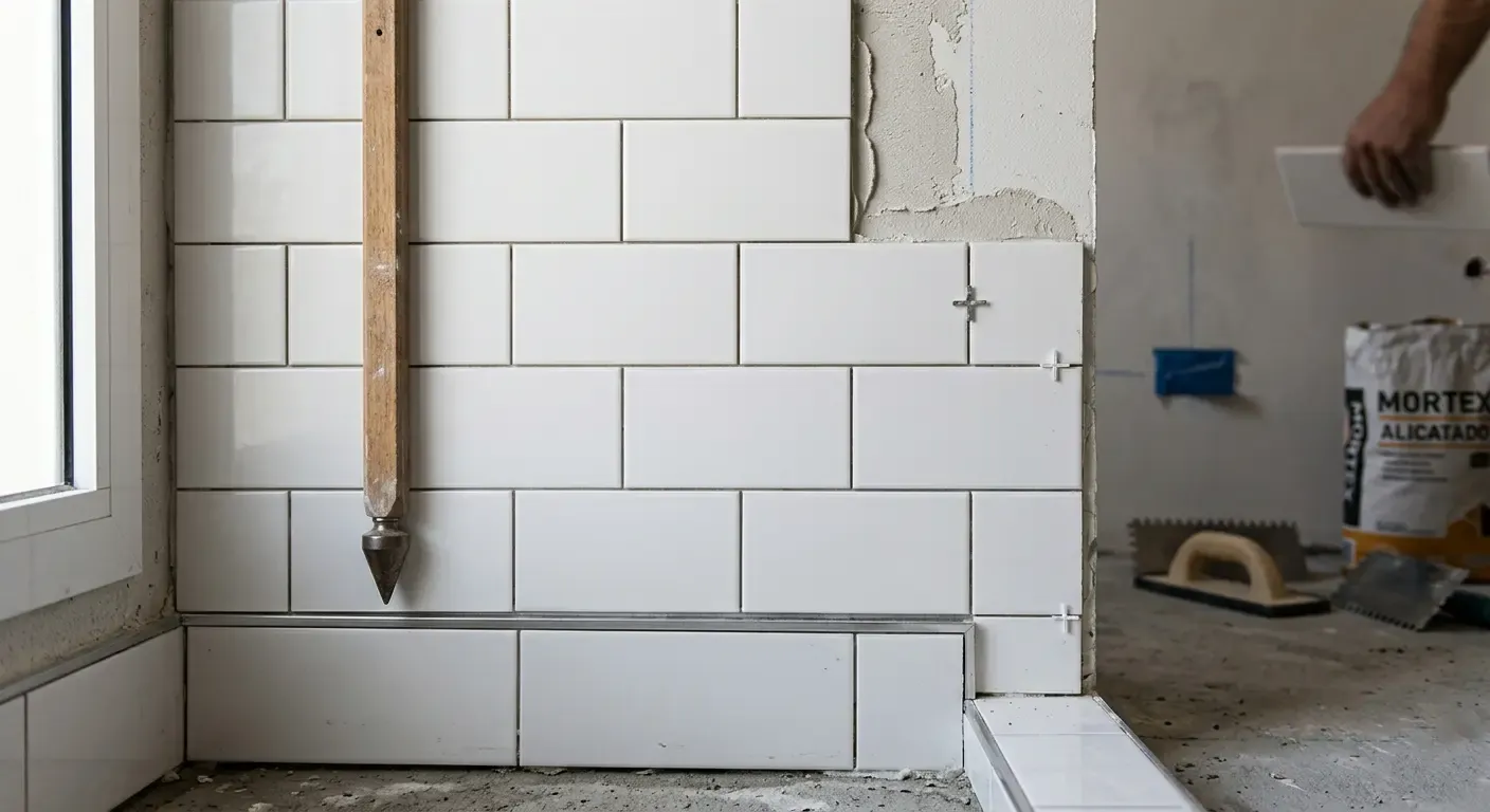 Alicatado de azulejo blanco en obra con plomada y mortero