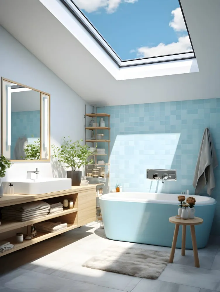 Salle de bain sous combles avec fenêtre de toit et baignoire bleue