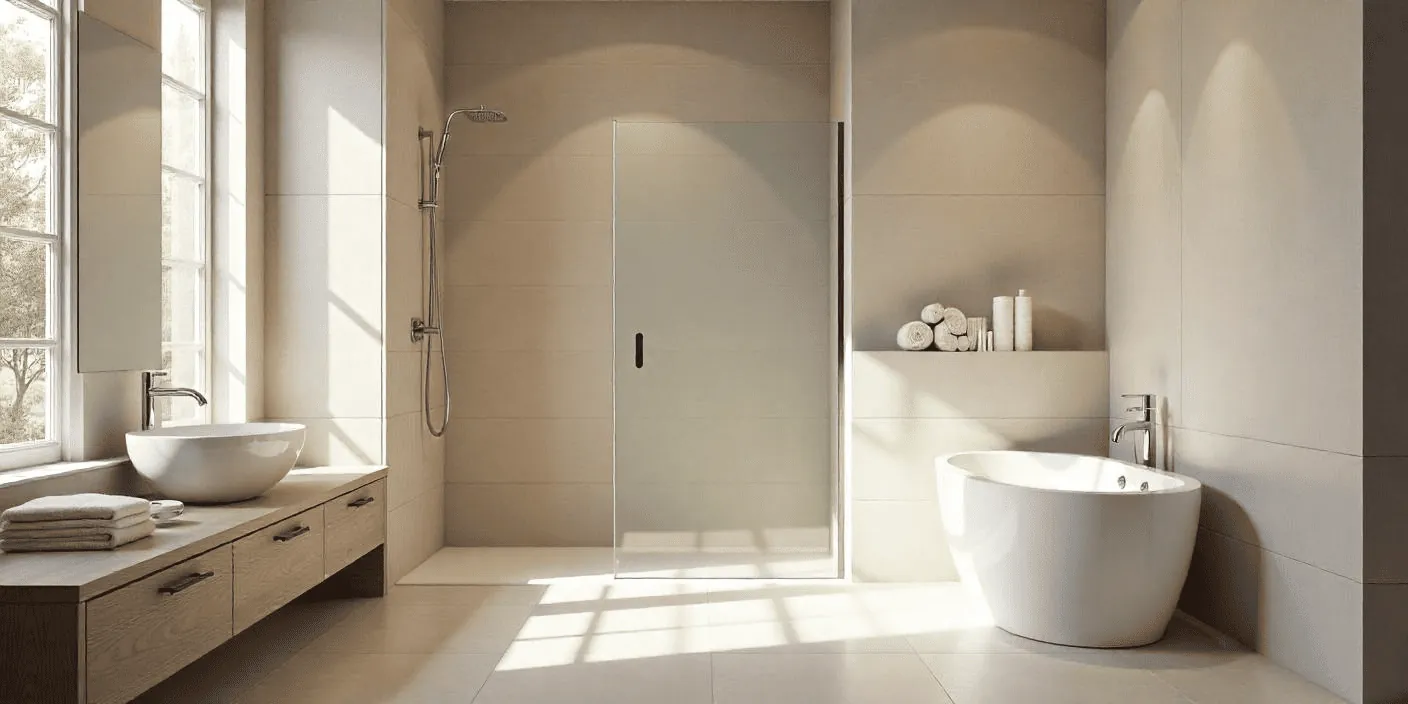 Grande salle de bain beige avec douche vitrée et baignoire îlot