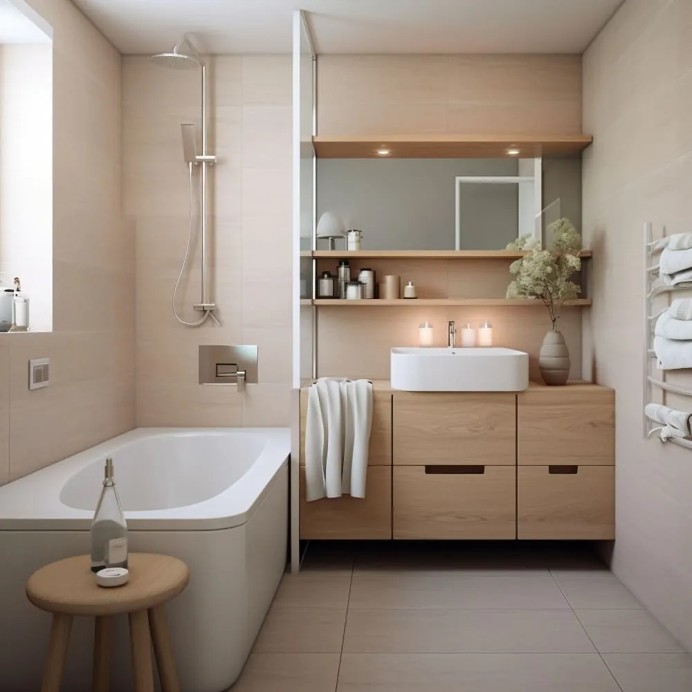 Salle de bain beige avec baignoire, meuble bois et étagères éclairées