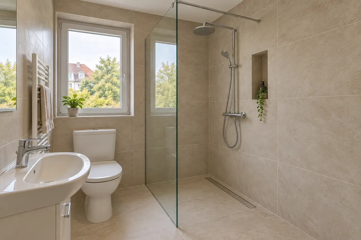Baño beige con ducha a ras de suelo y ventana