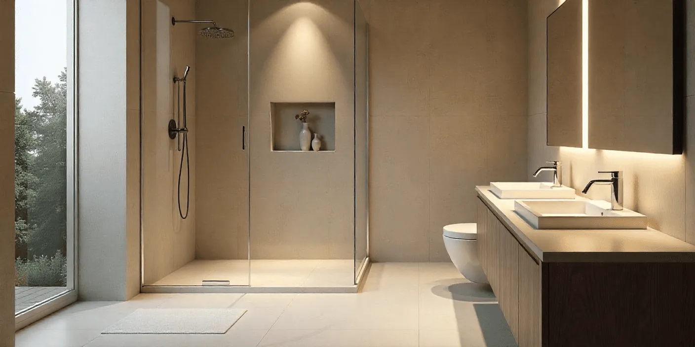 Baño beige con ducha acristalada, doble lavabo y ventanal