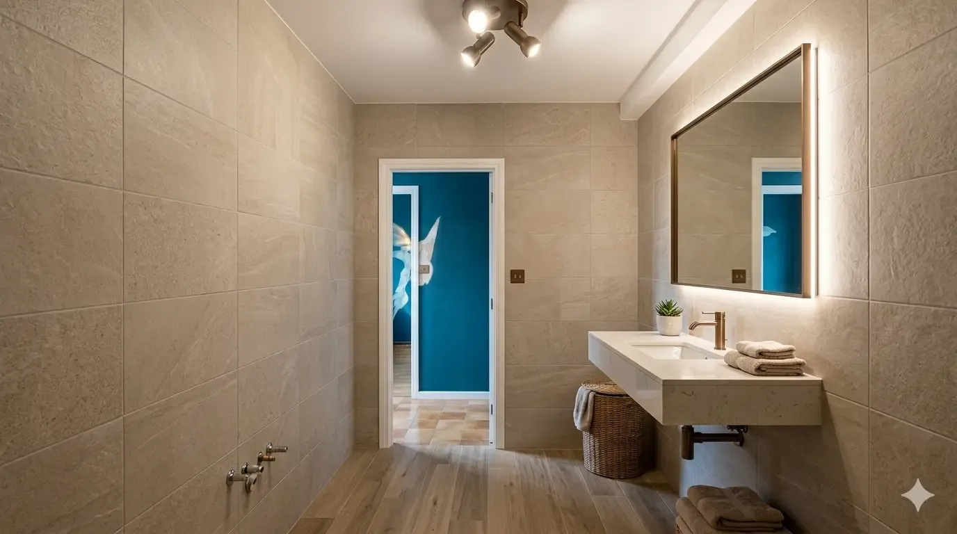 Baño beige con lavabo suspendido y espejo retroiluminado