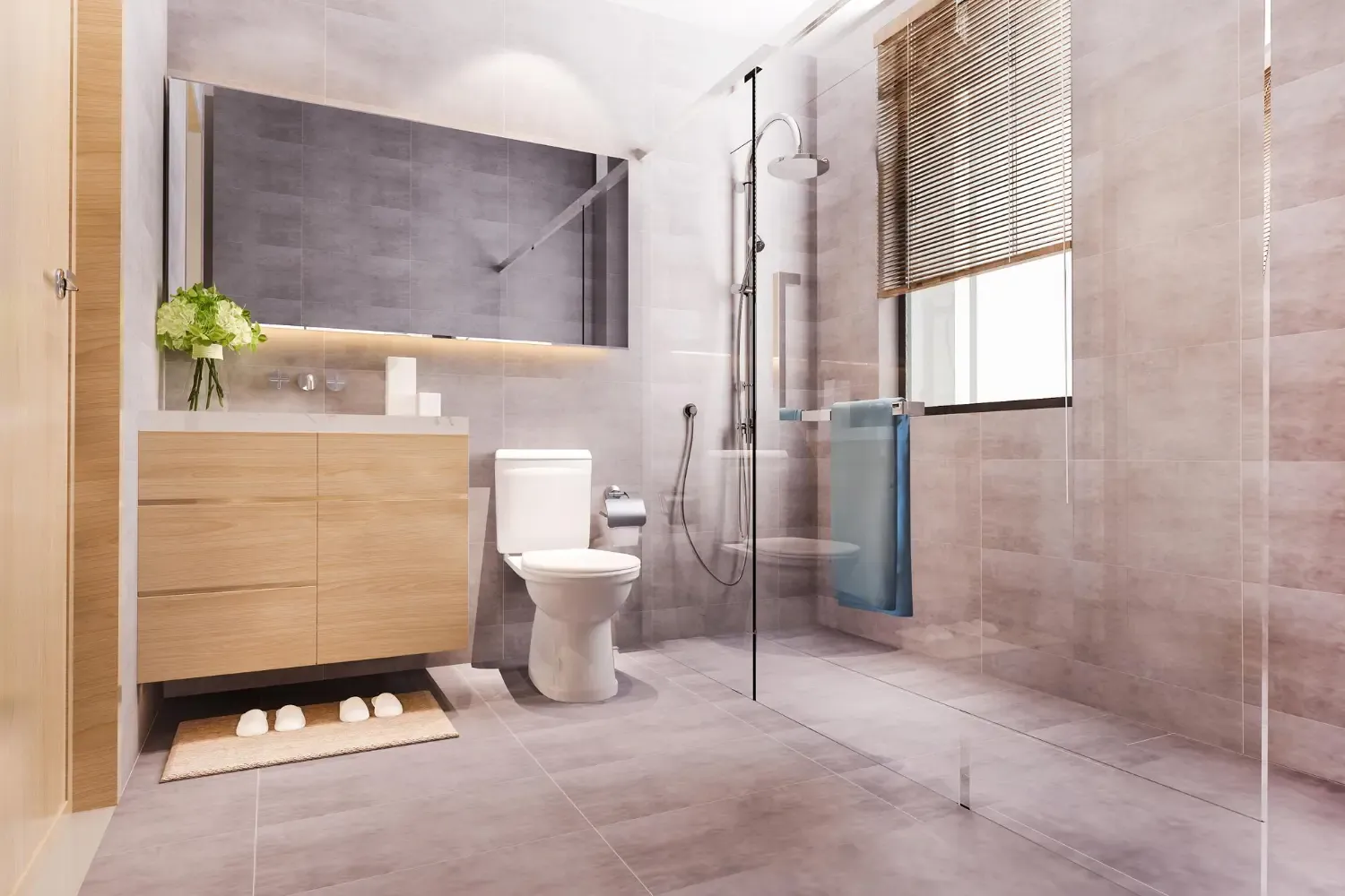 Baño beige con mueble de madera y ducha a ras de suelo