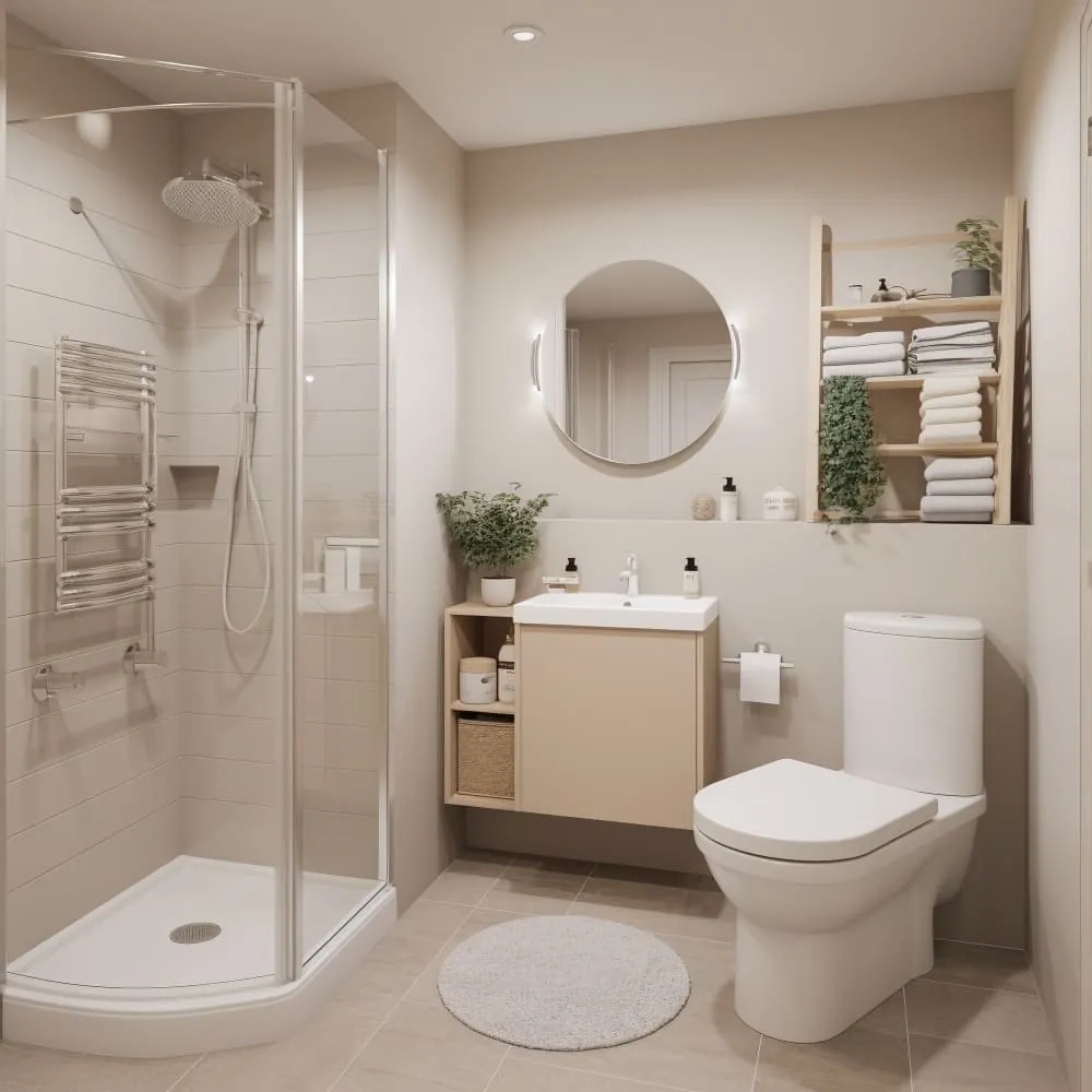 Baño beige con plato de ducha curvo, toallero y espejo redondo