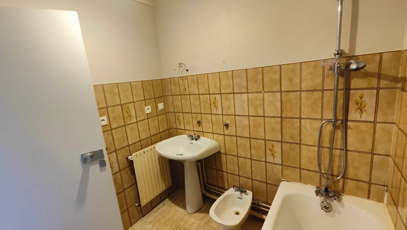 Salle de bain ancienne avec lavabo sur colonne, bidet, baignoire et faïence marron