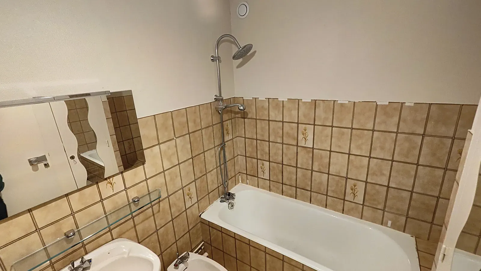 Salle de bain ancienne avec baignoire, bidet et faïence marron avant travaux
