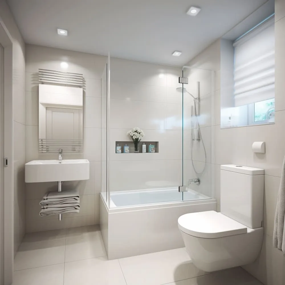 Baño blanco con bañera con mampara y lavabo suspendido