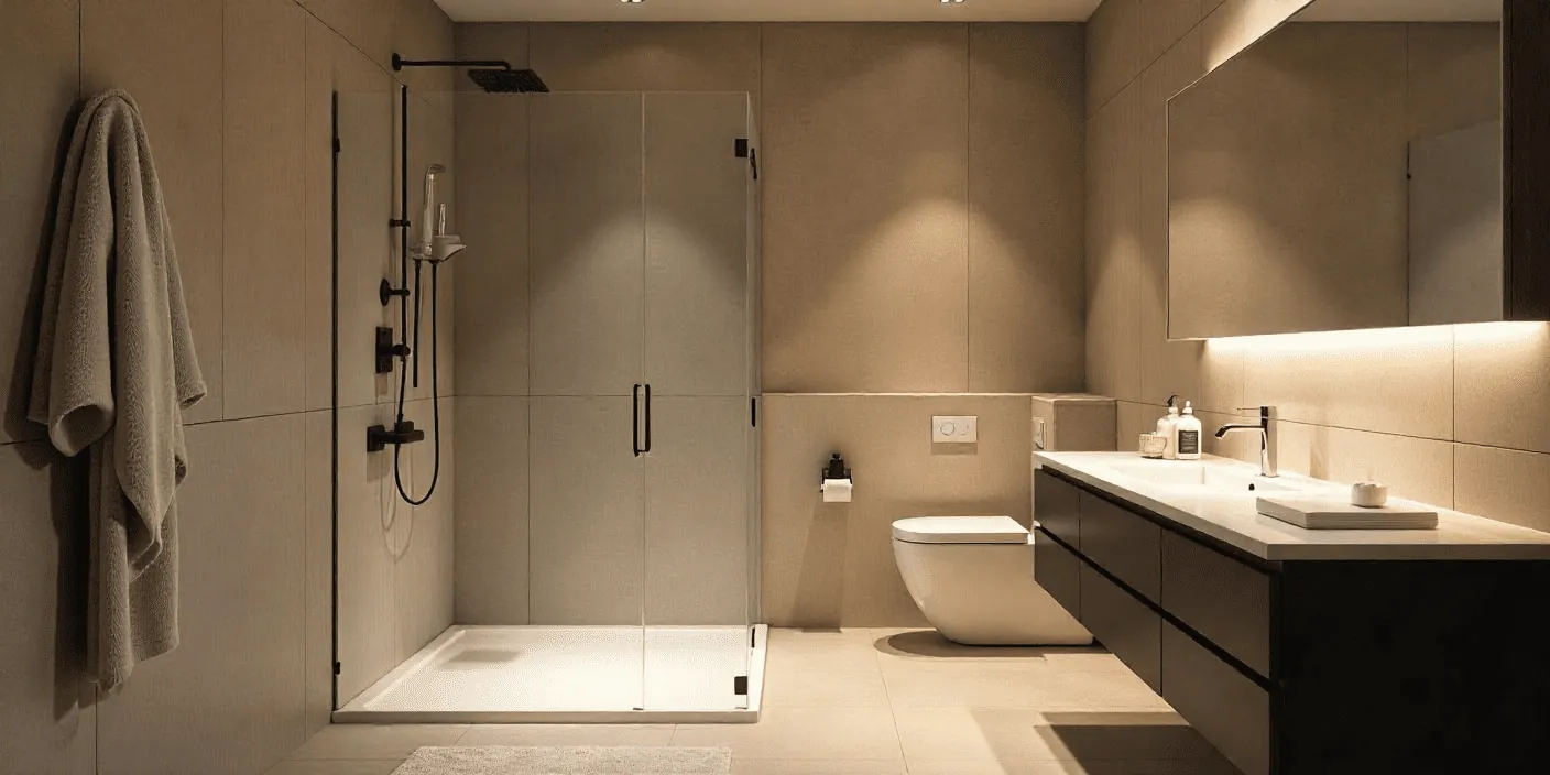 Salle de bain taupe avec douche à profilés noirs et meuble noir