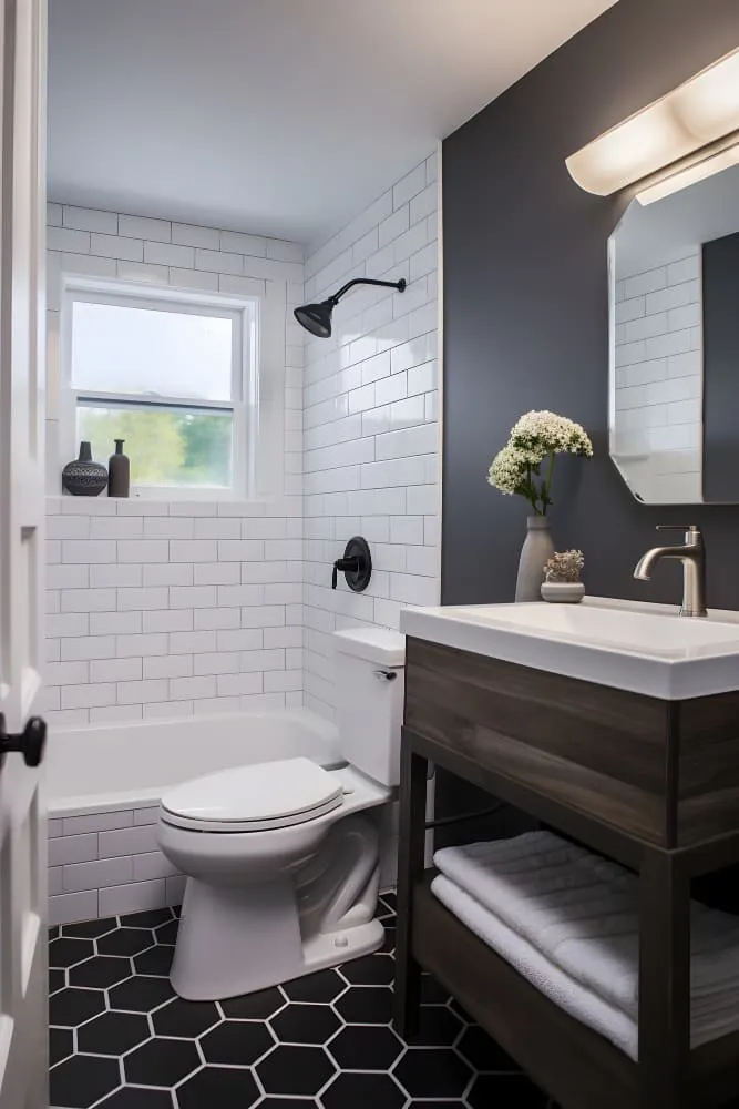 Salle de bain avec baignoire, carrelage métro blanc et sol hexagonal noir