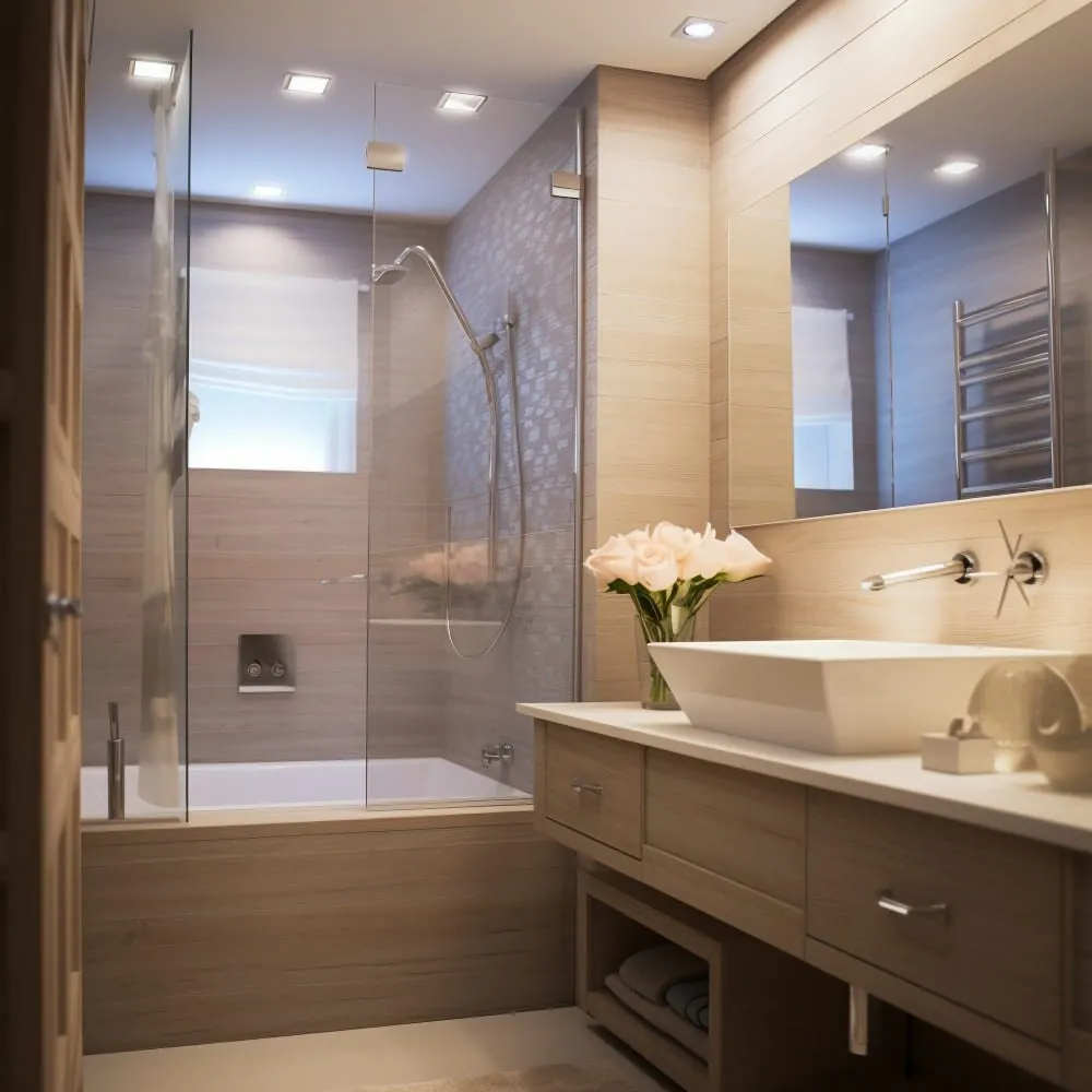 Salle de bain avec baignoire et pare-baignoire, meuble bois et vasque à poser