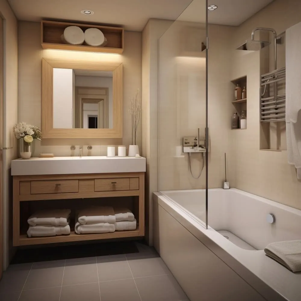 Salle de bain avec baignoire et pare-baignoire, meuble bois et miroir encadré
