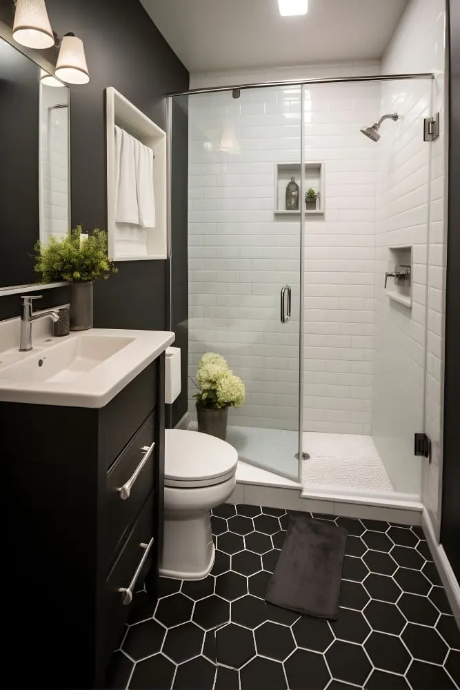 Baño estrecho con ducha de obra, azulejo metro y suelo hexagonal negro