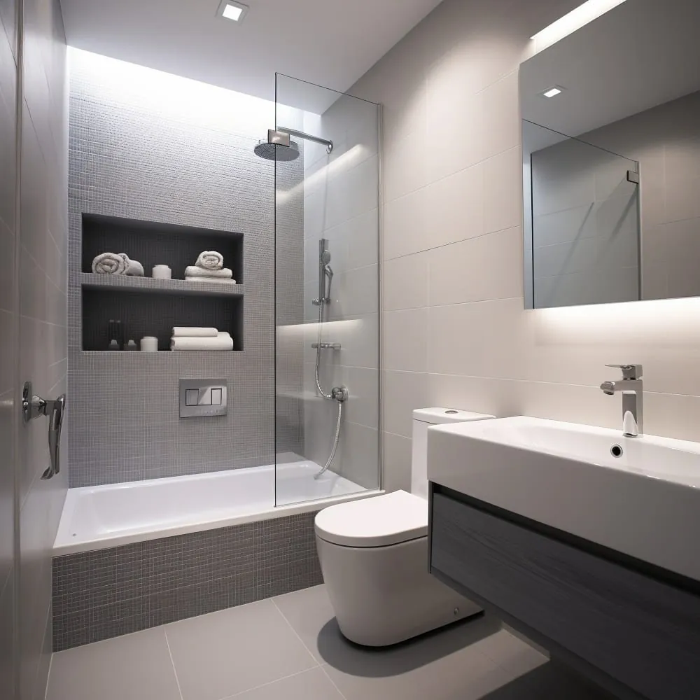 Baño gris con bañera con mampara y hornacina con toallas