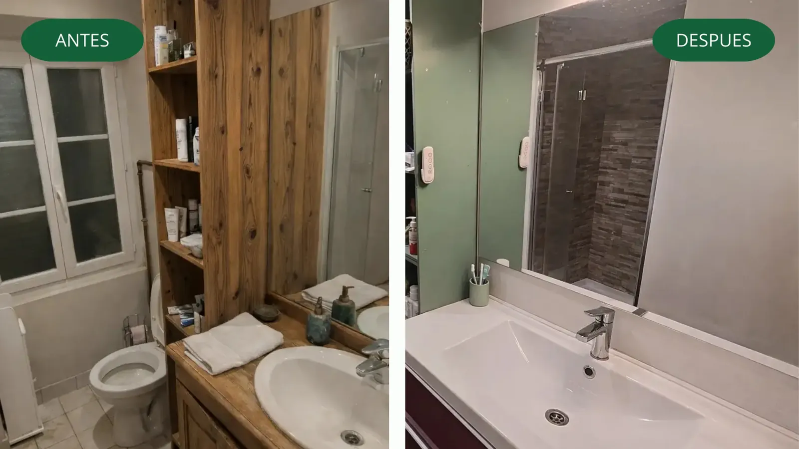 Antes y después de un baño pequeño reformado en Hendaya
