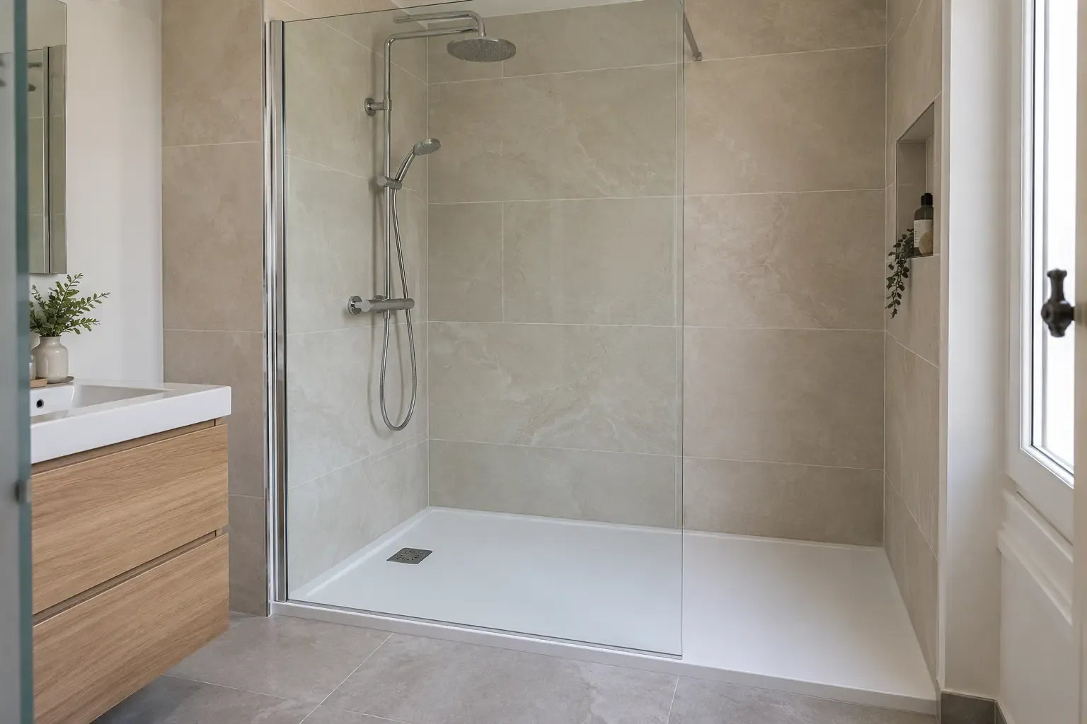 Grande douche à l’italienne avec paroi fixe et carrelage gris