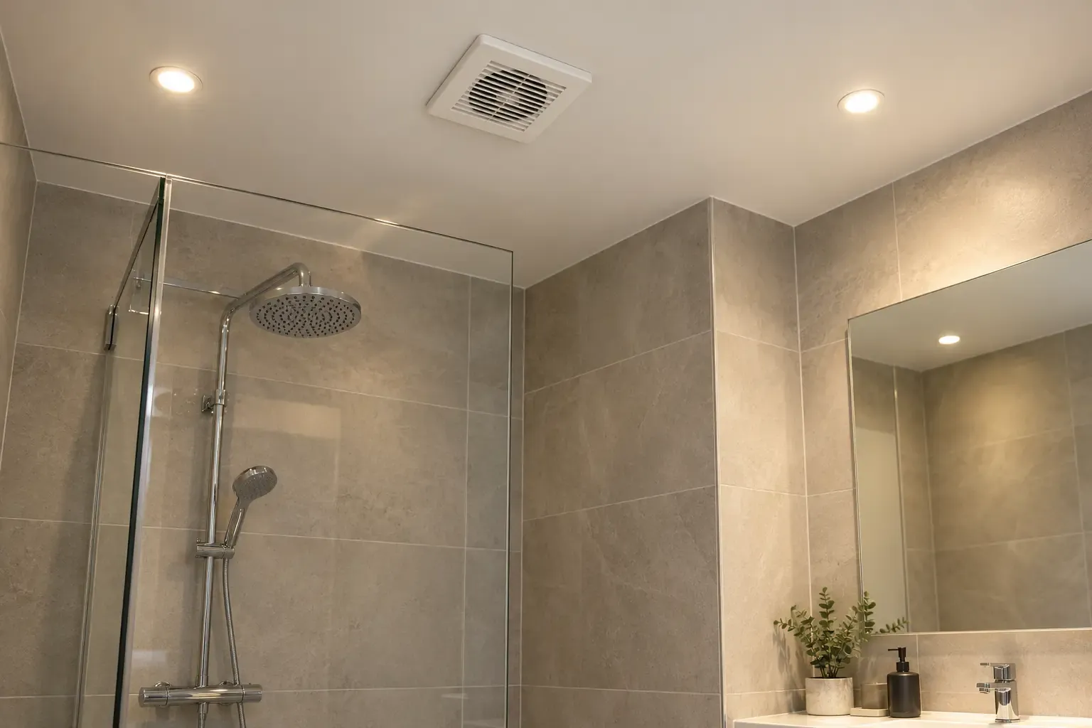 Douche avec colonne thermostatique et extracteur au plafond