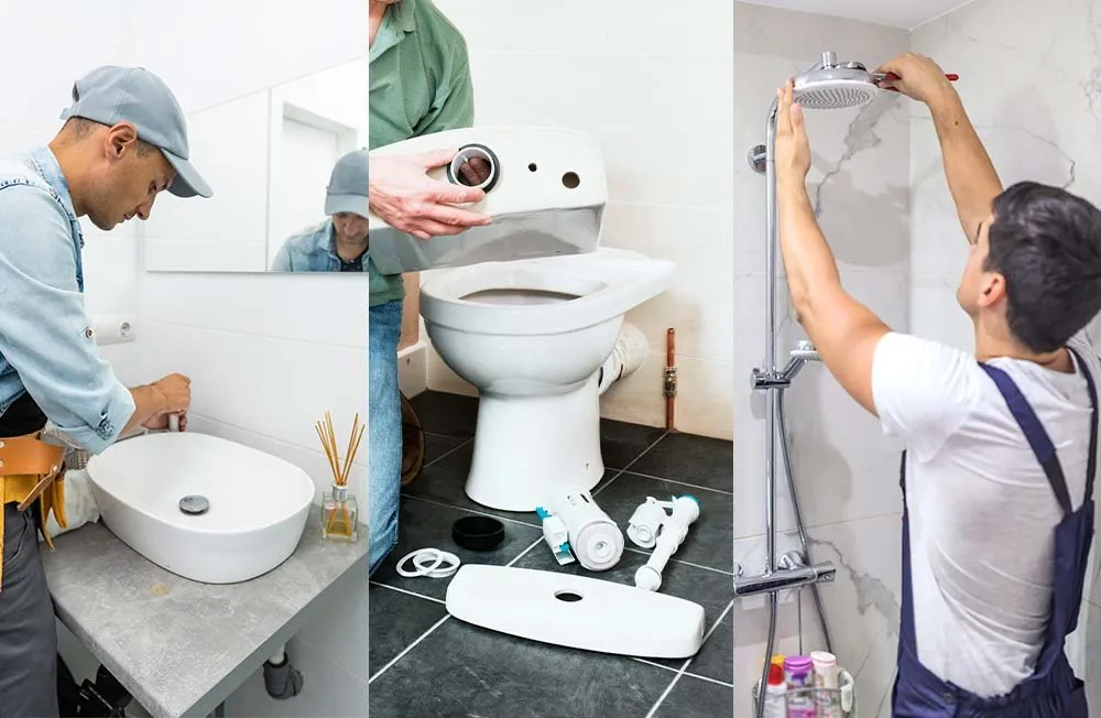 Fontaneros instalando lavabo, inodoro y ducha