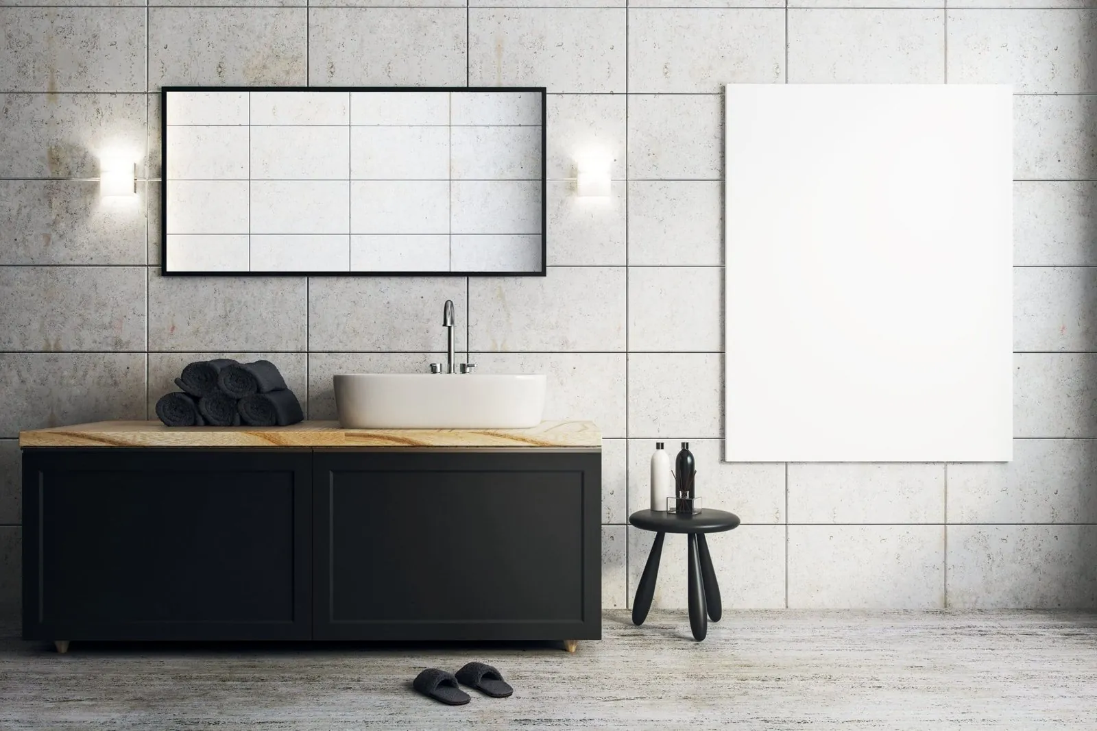 Mueble de baño negro con lavabo sobre encimera