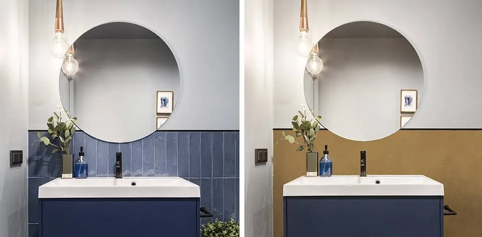 Mueble lavabo azul con espejo redondo en dos colores de pared